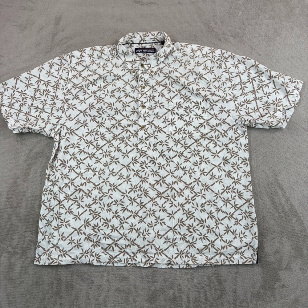 Reyn Spooner Hawaiian PopOver 1/2 Button Shirt in White Brown Bamboo AOP Men 2XL